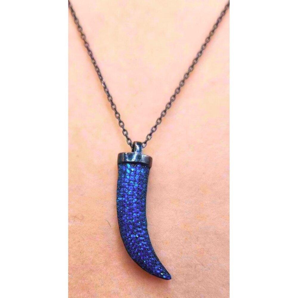 Blue Rhinestone Horn Pendant Necklace Gunmetal Chain